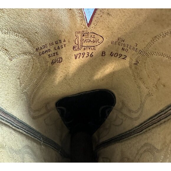 Vtg Justin Tall Elephant Print Spellout Buckaroo Leather Boots Black Red 6.5D - Picture 11 of 12